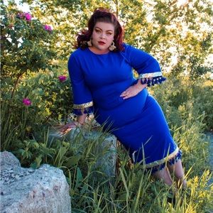 Cobalt Blue Silver Stretchy Bodycon Midi Dress 2XL